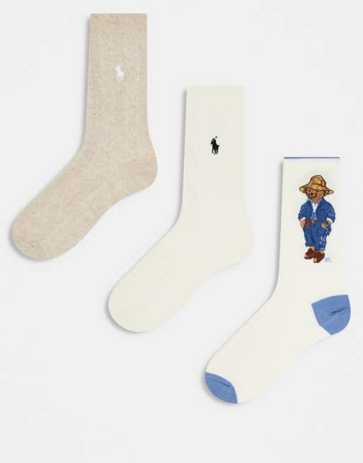 Polo Ralph Lauren – 3-Pack Socken in Rot, Weiß und Blau mit Bärenmotiv und gestreift