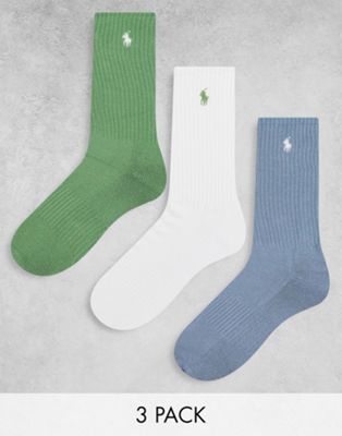 Polo Ralph Lauren 3 pack socks in green, blue and white with pony logo
