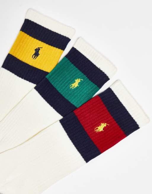 Polo Ralph Lauren 3 pack socks in off white with colour stripe pony logo, 2 of 4