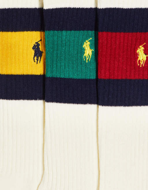 Polo Ralph Lauren 3 pack socks in off white with colour stripe pony logo, 3 of 4