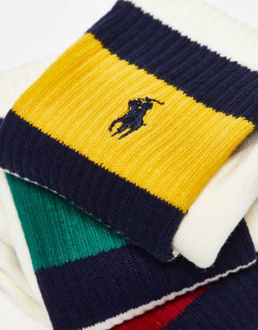Polo Ralph Lauren 3 pack socks in off white with colour stripe pony logo, 4 of 4