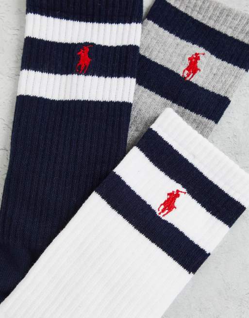 Polo Ralph Lauren 3 pack socks in white grey navy with pony stripe ASOS
