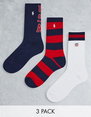 Polo Ralph Lauren 3 pack socks in white, stripe and navy with flag pony logo