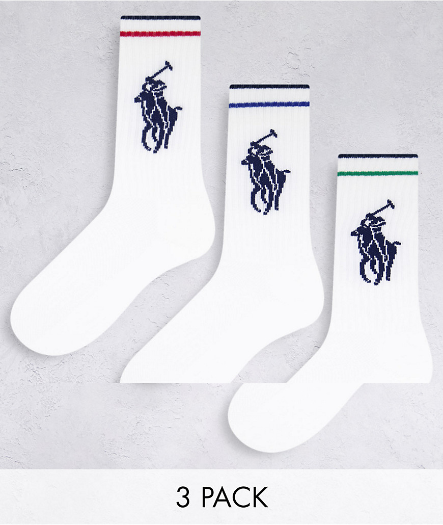 Polo Ralph Lauren 3 pack sport socks in white with stripe and large pony logo