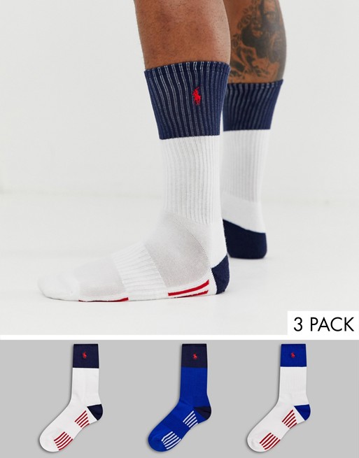 Polo Ralph Lauren 3 pack sport socks with polo branding in white/white/royal blue/red