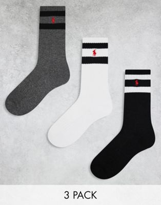 Polo Ralph Lauren 3 pack sport socks with stripe in black grey white