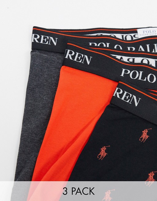 Polo Ralph Lauren 3 pack trunks in black/grey orange with contrasting logo waistband