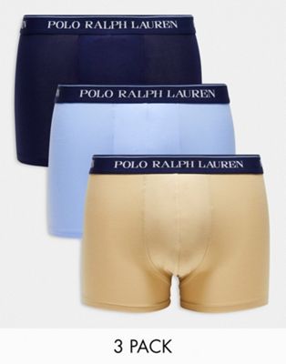 Polo Ralph Lauren 3 pack trunks in navy tan and blue with logo