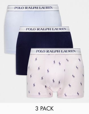 Polo Ralph Lauren 3 pack trunks in pink all over logo, light blue, navy - ASOS Price Checker