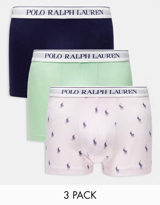 Polo Ralph Lauren 3 pack trunks with logo waistband in navy / green / pink with all over print logo