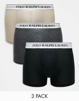 Polo Ralph Lauren 3 pack trunks with logo waistband in stone grey black