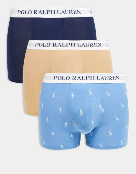 Polo Ralph Lauren 3 pack white logo waistband plain & all over icon classic trunks in blue marl/camel/navy - view 1