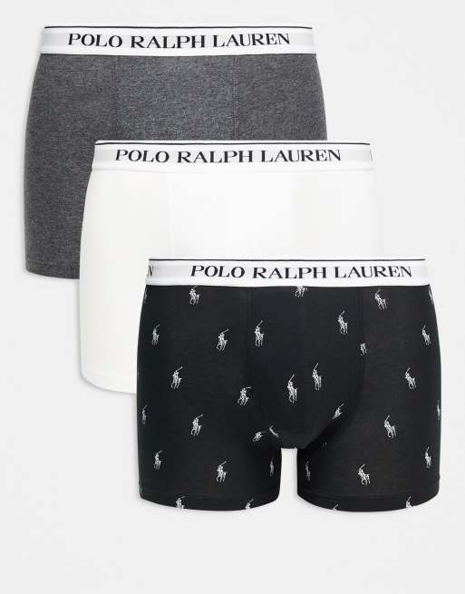 Polo Ralph Lauren 3 pack white logo waistband plain & all over icon classic trunks in white/grey marl/black