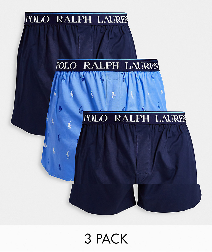 Polo Ralph Lauren 3 pack woven boxers in navy with logo waistband-Blue