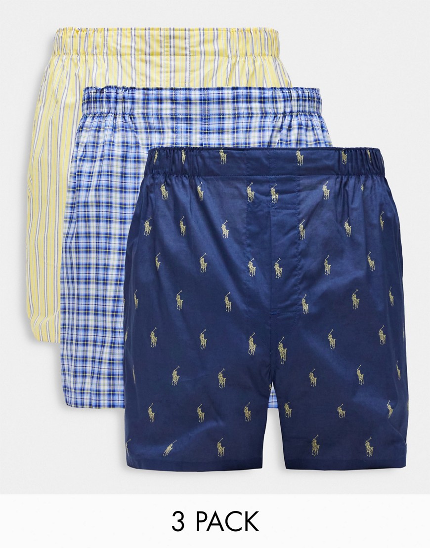 Polo Ralph Lauren 3 pack woven boxers in navy, yellow with all over pony logo-Blue