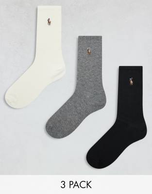 Polo Ralph Lauren - 3er-Pack Crew-Socken in Schwarz, Cremeweiß und Grau mit Pony-Logo