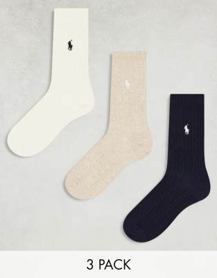 Polo Ralph Lauren - 3er-Pack Socken in Navy, Cremeweiß und Beige mit Polospielerlogo