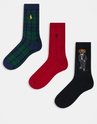 Polo Ralph Lauren - 3er-Pack Socken in Schwarz, Rot, Grün mit Bär-Logo in einer Geschenk-Box