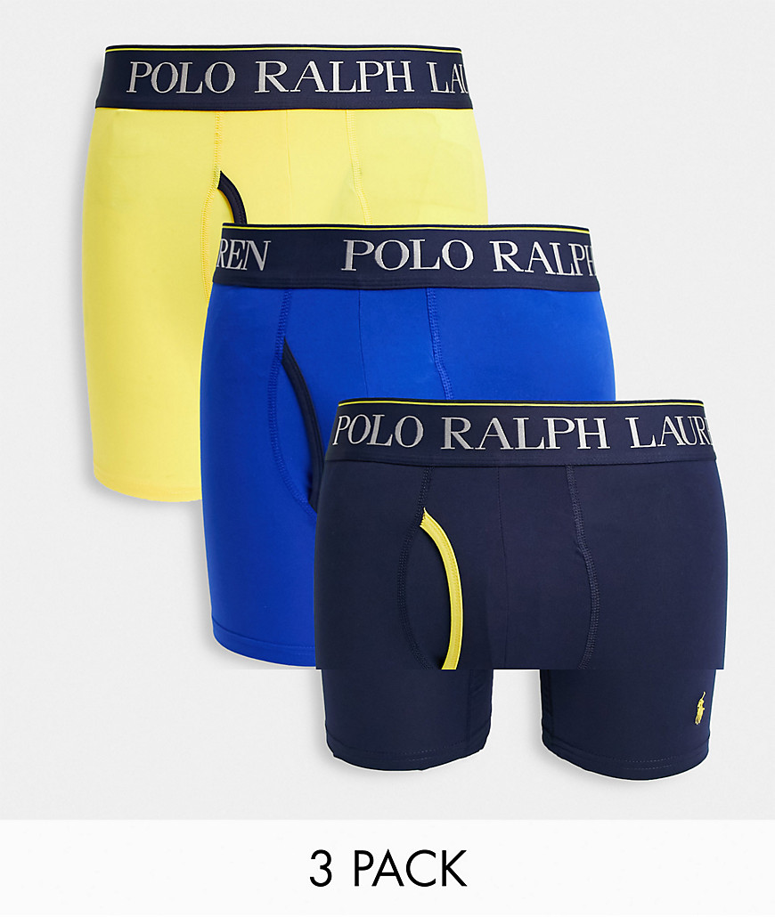Polo Ralph Lauren 4D flex microfiber 3 pack trunks in yellow/blue with contrasting logo waistband-Multi