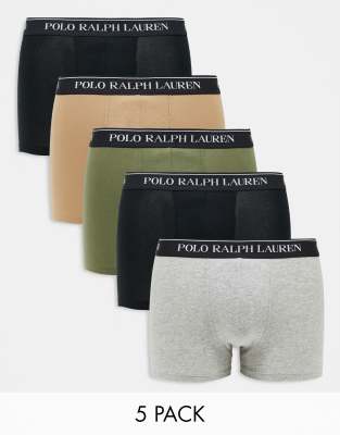 Polo Ralph Lauren 5 pack boxers with logo waistband in black white khaki beige