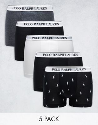 Polo Ralph Lauren 5 pack in black grey white with all over pony logo - ASOS Price Checker
