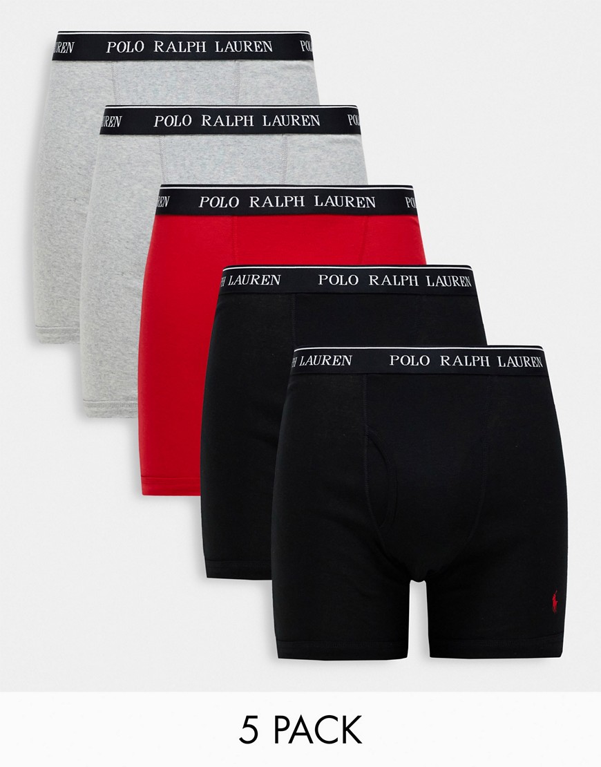 Polo Ralph Lauren 5 pack trunks in gray, red, black with logo waistband-Multi