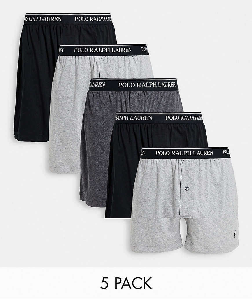 Polo Ralph Lauren 5 pack woven boxer with logo waistband in black/gray