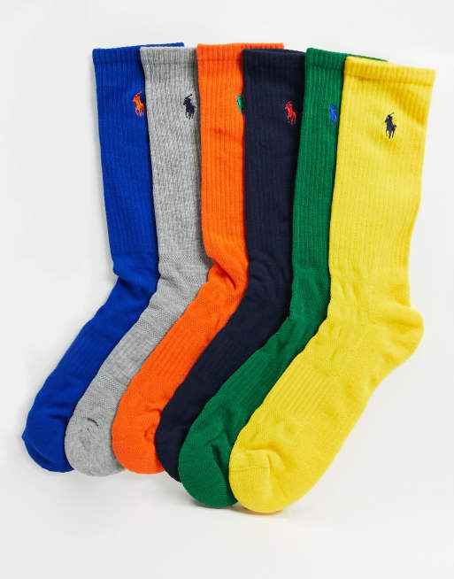 Polo Ralph Lauren 6 pack colorful crew socks in navy / blue / gray / yellow  / orange / green | ASOS