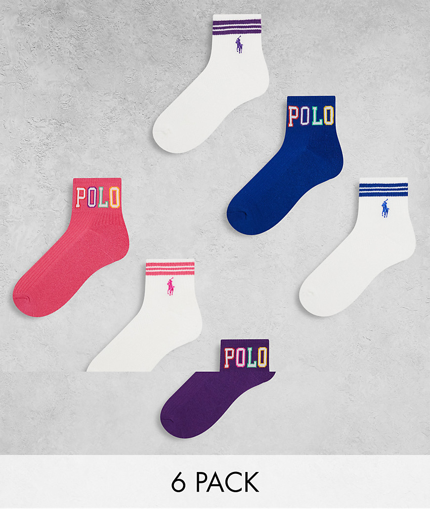 Polo Ralph Lauren 6 pack quarter socks in pink purple white blue with logo