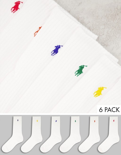 Polo Ralph Lauren 6 pack socks in white with multi colour pony logo