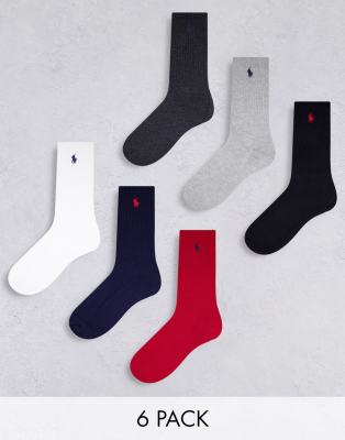 Polo Ralph Lauren 6 pack sport socks in black, red, navy, grey, white with pony logo - ASOS Price Checker