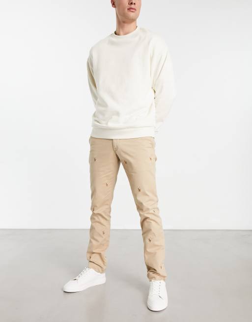 White Long Sleeved Polo shirt with Beige Chinos