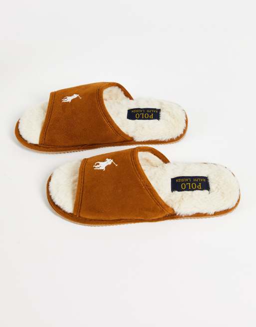 Polo Ralph Lauren antero II faux fur lined slippers in tan | ASOS