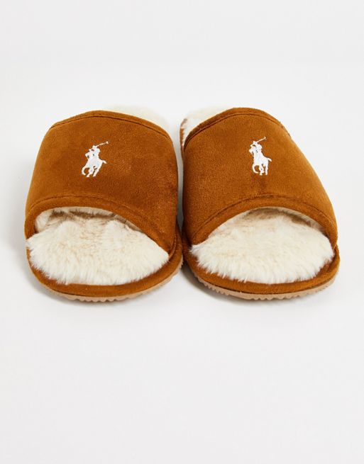 Polo Ralph Lauren antero II faux fur lined slippers in tan | ASOS