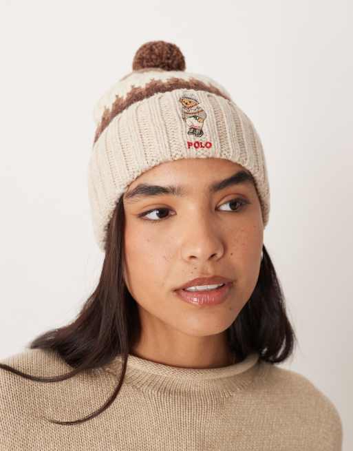Polo Ralph Lauren Argyle bear pom-pom beanie hat in cream