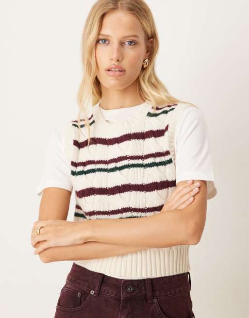 Polo Ralph Lauren – Ärmelloser Pullover in Marineblau, Grün, Rot und Gelb mit Zopfstrickmuster