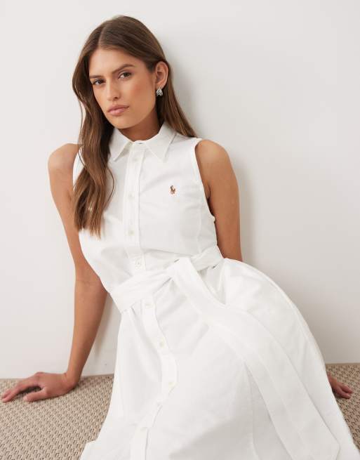 Polo Ralph Lauren – Ärmelloses Tageshemdkleid aus Webstoff in Weiß