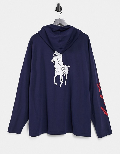 Polo Ralph Lauren back and arm logo hooded long sleeve top in navy