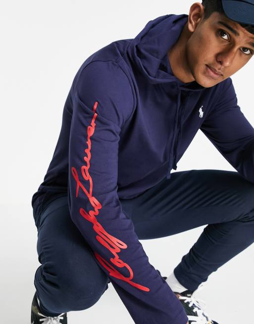Polo Ralph Lauren back and arm logo hooded long sleeve top in cruise navy |  ASOS