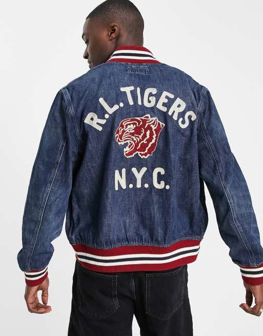 Polo Ralph Lauren back embroidery denim varsity baseball jacket in mid wash