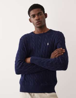Polo - Baumwoll-Pullover in Marineblau mit Polospieler-Logo und Zopfmuster Marineblau S