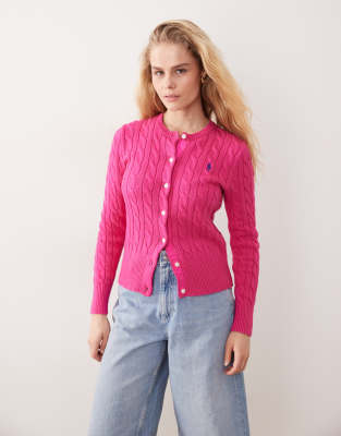 Polo Ralph Lauren - Baumwoll-Strickjacke in Pink mit Markenlogo und Zopfmuster-Rosa