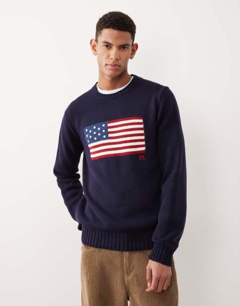Polo Ralph Lauren – Baumwoll-Strickpullover in Marineblau mit großer Flagge und Zopfmuster - view 1