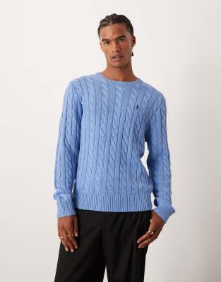 Polo - Baumwollpullover in hellem Blaugrau mit Rundhalsausschnitt, Logo und Zopfmuster Blau XL
