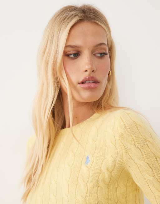 Polo Ralph Lauren – Baumwollpullover mit Zopfmuster und Logo in Gelb, 3 von 4
