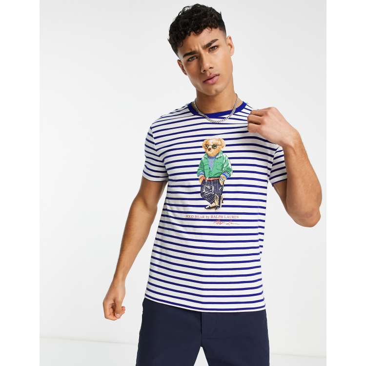 Polo Ralph Lauren beach bear print stripe t shirt in blue white