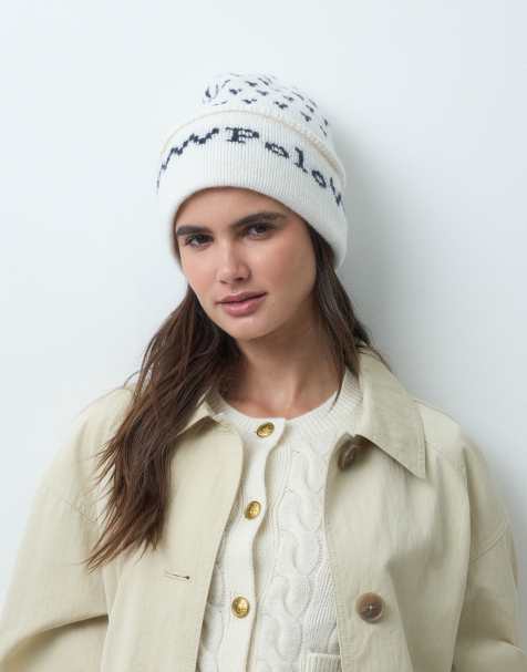 Polo Ralph Lauren beanie met vakantieprint in crème en navy - view 1