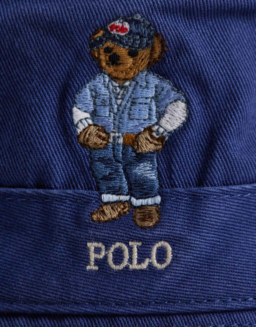 Polo Ralph Lauren bear embroidered denim bucket hat in dark denim blue, 2 of 3