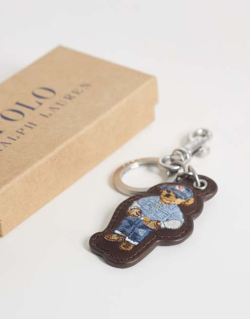 Polo Ralph Lauren bear leather keyring fob in dark brown, 2 of 3
