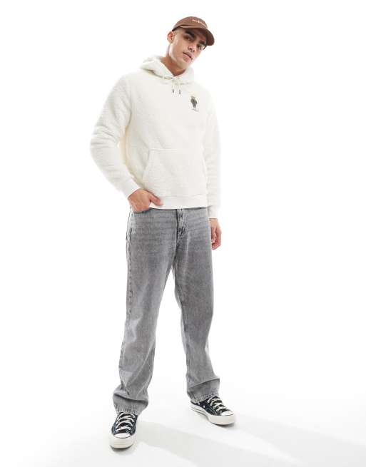 Polo Ralph Lauren bear logo borg hoodie in cream, 3 of 4